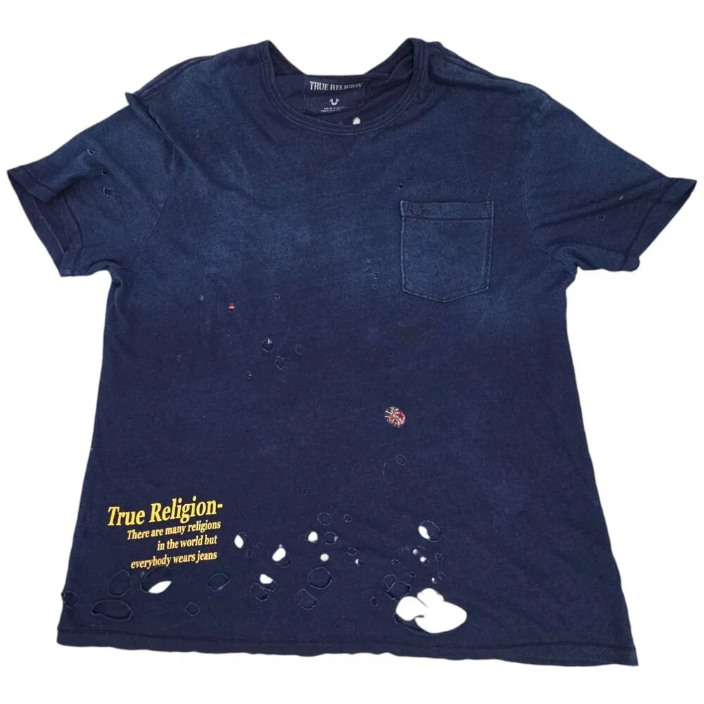 True Religion XXL Distressed Unisex Navy T-Shirt Skull Snake Roses Single Stitch